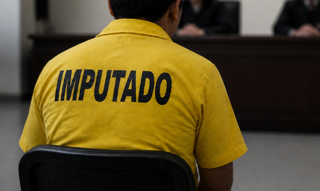 Fiscalía pide más de 50 años de cárcel para acusado de atacar a su familia en Temuco 1 Imagen referencial generada con IA de un imputado de espaldas en una sala de audiencia